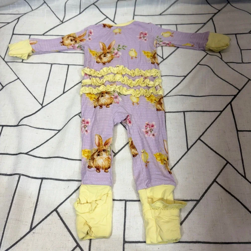 Laree + Co Bamboo Ruffle Sleeper 3-6M Purple Bunny Chick Easter Romper
